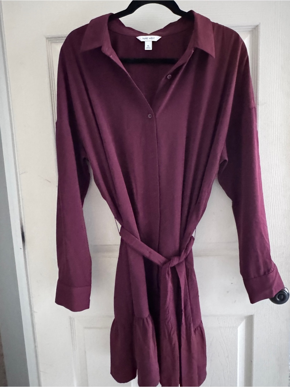 Nine West Wine Button-Front Shirt Dress with Tie Waist